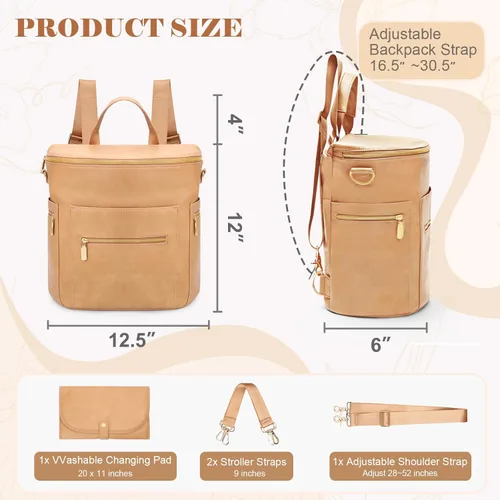 Miniatura 4 de miss fong Mochila para pañales de bebé, mochila grande de cuero para pañales con 15 bolsillos, organizador de bolsa de pañales, almohadilla Maní