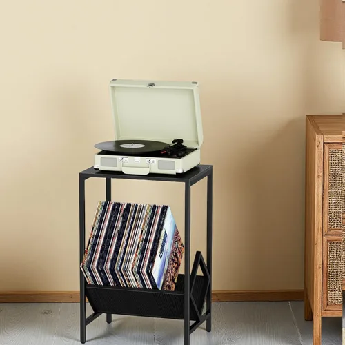 Miniatura 6 de Mesa auxiliar de 2 niveles, mesa auxiliar, soporte para tocadiscos con almacenamiento de hasta 100 álbumes, almacenamiento de discos de vinilo, Negro