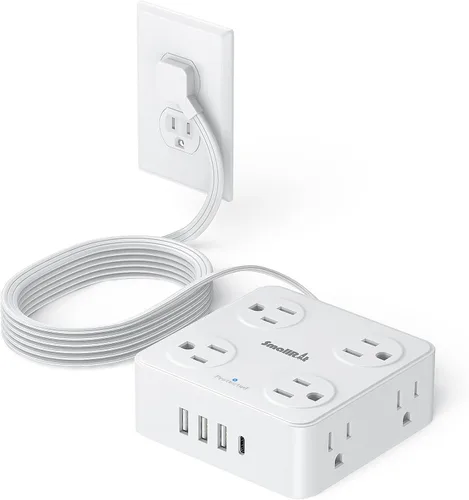 Miniatura 11 de SMALLRT - Cable de extensión con múltiples tomas, extensor de salida con protector de sobretensiones, enchufe plano de 6.5 pies con puertos USB, 8