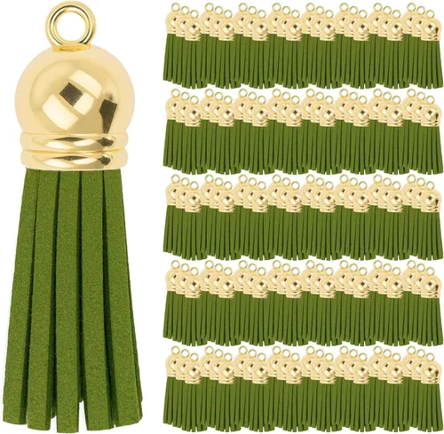 Miniatura 20 de Mandala Crafts 100 borlas de gamuza sintética color aguamarina con tapa dorada, suministros para hacer llaveros a granel, pequeñas borlas de cuero