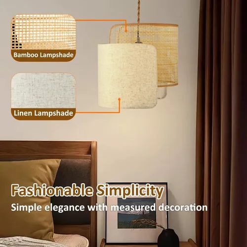 Miniatura 5 de Lámpara colgante boho con enchufe, lámpara de araña boho regulable sin escalones con pantalla tejida de bambú y lino, lámpara colgante enchufable