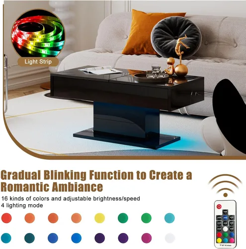 Miniatura 4 de HedoAjim - Mesa de café LED negra con almacenamiento para sala de estar, mesa de centro rectangular para sala de estar, mesas de café modernas