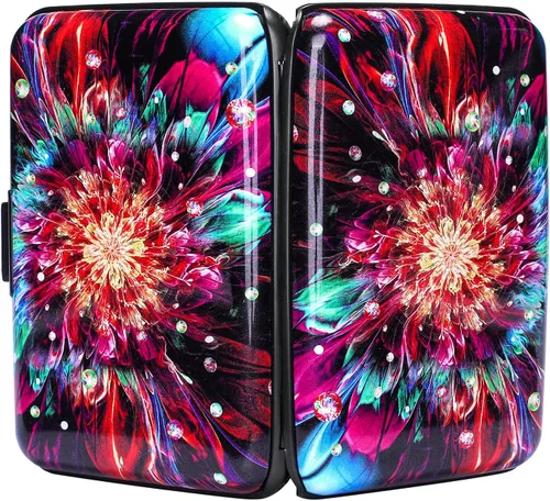 Miniatura 100 de ELFISH Mini cartera de aluminio RFID para tarjetas de crédito, funda de identificación de metal para hombres y mujeres, Happy Flower, Cartera Rfid