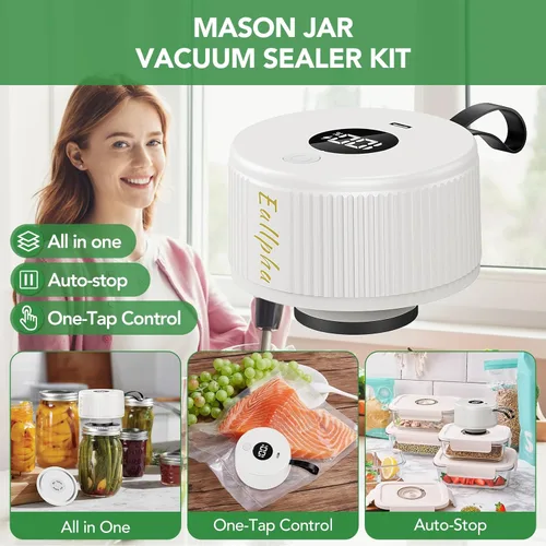 Miniatura 2 de Sellador al Vacío Eléctrico para Frascos Mason Sellador al Vacío 3 en 1 para Frascos Mason con 30 Tapas (Anchas/Regulares)+5 Bolsas