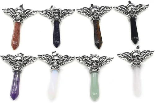 LHJ 7 colgantes de piedra natural hexagonales puntiagudos chakras cristal ágata piedra cráneo ala diablo aleación diseño para hacer joyas collar,