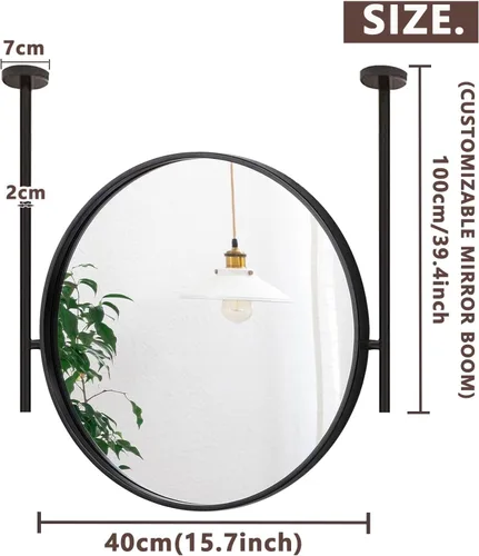 Miniatura 2 de Espejo redondo montado en el techo para baño, espejo de pared, espejo de barra colgante de techo, espejo de marco de metal negro, espejo decorativo