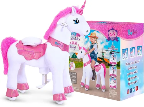 Miniatura 7 de PonyCycle Juguetes de unicornio para montar para niñas Pony de montar unicornio rosa balancín (con freno/ 35.4" de altura/Tamaño 4 para edad 4-7)