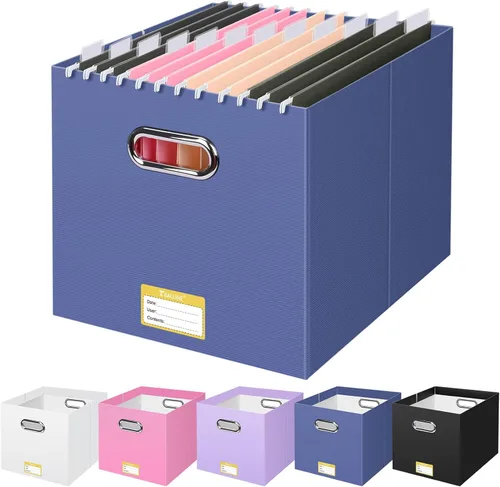 Miniatura 18 de BALEINE Caja organizadora de archivos, organizador de carpetas de archivos de cartón con asa para tamaño carta, caja de archivos colgante plegable