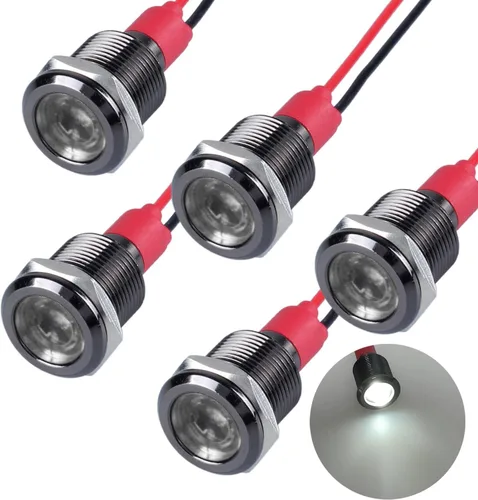Miniatura 25 de 5 unidades de 0.236 in 12V-24V 20mA luz indicadora LED de metal de ahorro de energía, bisel cromado negro, orificio de montaje de 1/4 pulgadas