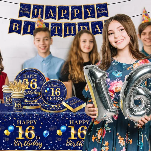 Miniatura 2 de Decoración de cumpleaños número 16 para hombres - Juego de 142 piezas de vajilla azul marino y dorada para cumpleaños (sirve para 20) Incluye