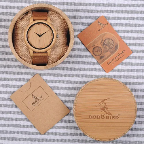 Miniatura 2 de BOBO BIRD Reloj de madera de bambú para hombre y mujer con correa de cuero de vaca marrón, relojes casuales de cuarzo analógico