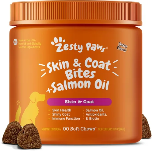 Zesty Paws Aceite de Pescado Omega 3 para Perros - Vitaminas y Suplementos para Perros Zesty Paws para Cadera, Articulaciones y Piel, Tocino (90