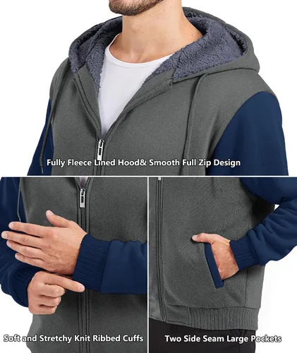 Miniatura 31 de GEEK LIGHTING Sudadera con capucha y cremallera para hombre, forro polar, chaqueta gruesa con capucha para invierno, cálida sudadera atlética