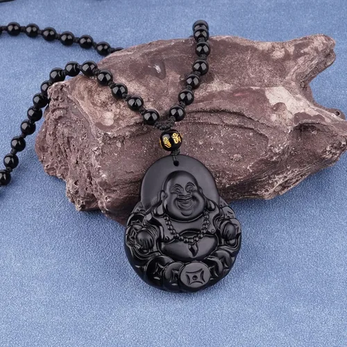 Miniatura 2 de VIKCAUX Collar de obsidiana negra con dije de protección de amuleto de talismán con cadena de cuentas ajustable, collares de piedra de cristal