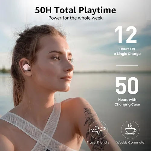 Miniatura 8 de TOZO Auriculares inalámbricos T6, auriculares Bluetooth 5.3, sonido estéreo en el oído, 50 horas de reproducción, estuche de carga inalámbrica, Rosa