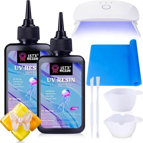 LET'S RESIN Resina UV con luz, kit de iniciación actualizado de 200g transparente y bajo olor, luz UV, alfombrilla de silicona, resina epoxi