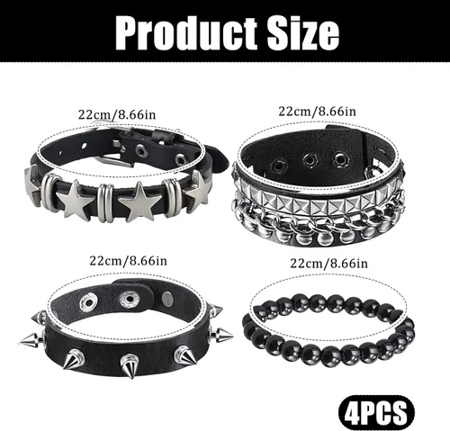 Miniatura 2 de Juego de 4 pulseras punk rock con tachuelas, pulseras de cuero para hombres y mujeres, pulseras con pinchos y accesorios emogóticos para fiestas