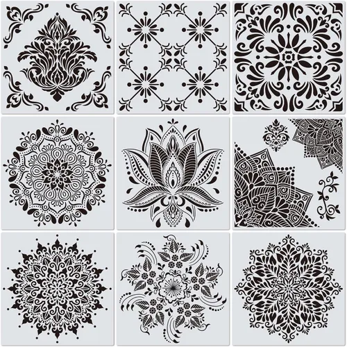 Miniatura 9 de Paquete de 9 plantillas de Rangoli grandes de 12 x 12 pulgadas, plantillas de mandala, plantilla de pintura cortada con láser para arte