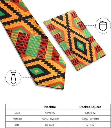 Miniatura 39 de Juego de corbata Kente con estampado africano y animal y pañuelo de bolsillo a juego