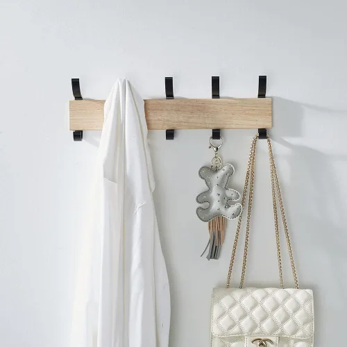 Miniatura 4 de Perchero de madera maciza para colgar en la pared, colgador de entrada, perchero de madera de metal con 5 ganchos de aluminio negro para bufanda