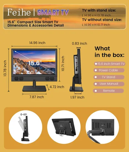 Miniatura 8 de Feihe Smart TV pequeño de 15.6 pulgadas - Televisión inteligente de pantalla plana compacta Full HD 1080p con Wi/Fi, Bluetooth, control remoto por