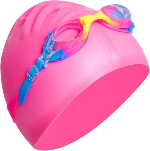 Miniatura 3 de Gorro de natación para niños y niñas, gorro de natación de silicona para cabello corto con gafas de natación y clip para la nariz, gorras de baño