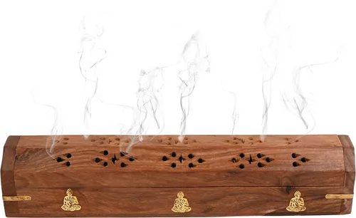 Miniatura 6 de Paquete de 2 soportes para varillas de incienso, estilo ataúd, quemador de incienso de madera con incrustaciones de BUDDHA (NATURAL) hecho a mano