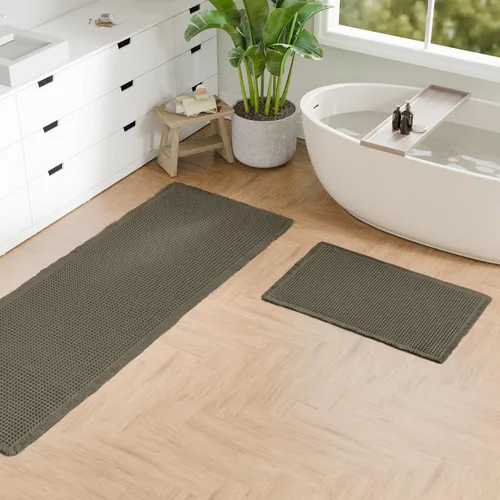 Miniatura 27 de Hiasan Tapete de baño de punto gofre, súper absorbente, antideslizante, con borlas, lavable a máquina, tapete con parte trasera de goma ultra suave