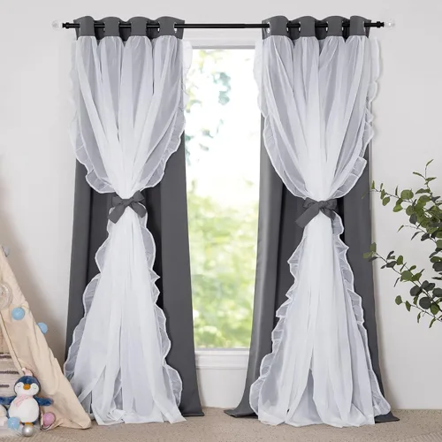 Miniatura 15 de PONY DANCE Cortinas con Volantes de Doble Capa con Superposición Transparente, Decoración Elegante para Ventanas de Diseño Rústico Francés de Campo