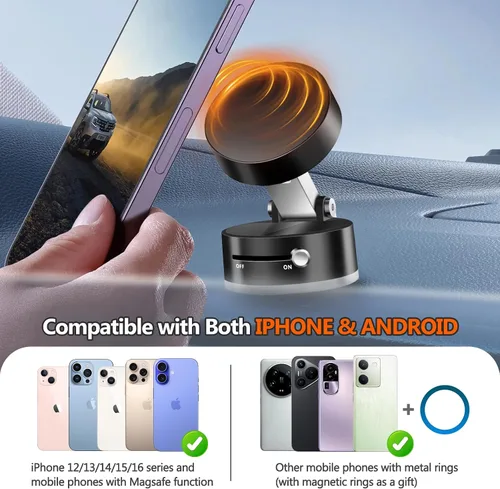Miniatura 4 de Soporte magnético plegable para teléfono con succión al vacío, soporte multifuncional para teléfono con succión al vacío, soporte magnético Negro