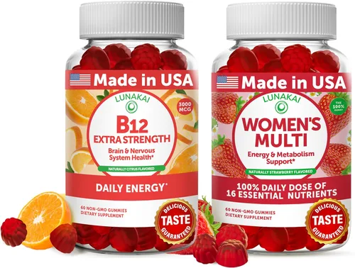 Paquete de gomitas de vitamina B12 y multivitaminas para mujeres Lunakai - Gomita energética de alta absorción de 3000 mcg de metilcobalamina -