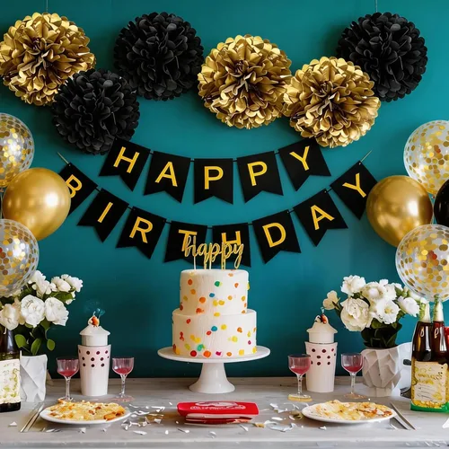 Miniatura 3 de Decoraciones de cumpleaños para hombres, suministros de decoración de fiesta dorado y negro, incluye pancarta de feliz cumpleaños, confeti, globos