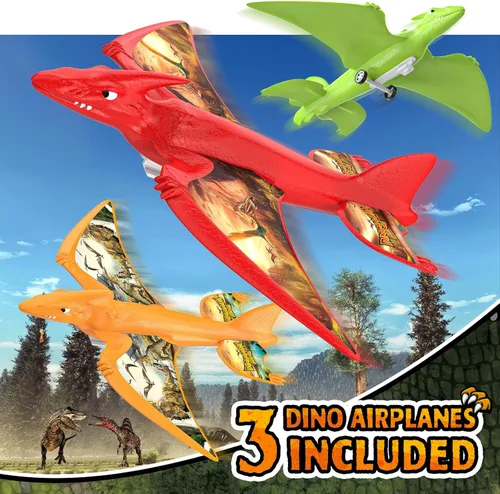 Miniatura 2 de Aiencsai Paquete de 3 juguetes de lanzamiento de aviones de dinosaurio para niños, aviones de espuma para niños juguetes de niños con calcomanías