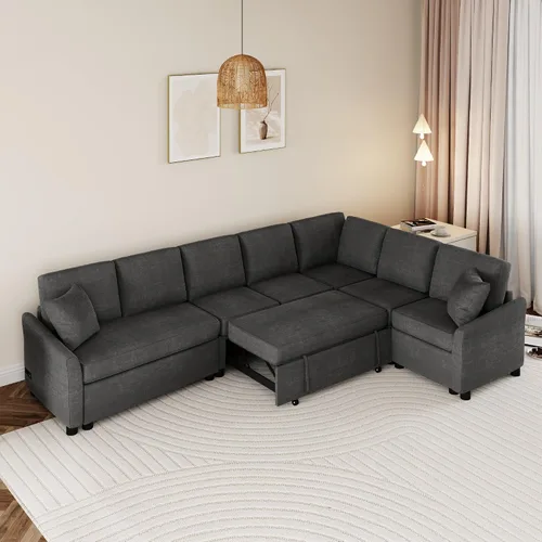 Miniatura 14 de JIVOIT Sofá cama moderno en forma de L con dos almohadas de respaldo, sofá cama modular de 124.8 pulgadas con cama extraíble, sofá modular Beige 052