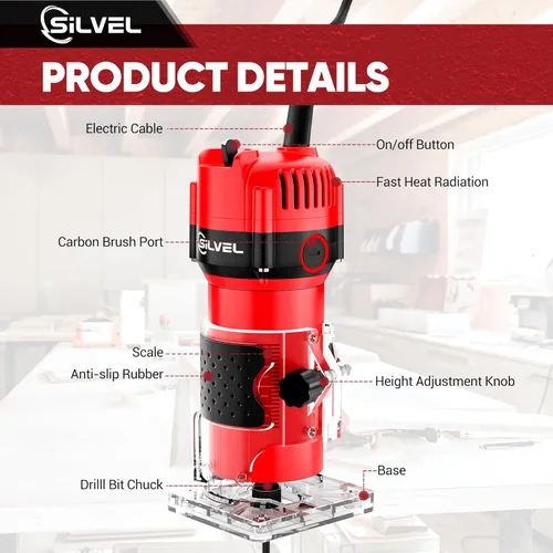 Miniatura 5 de SILVEL Enrutador de madera, enrutadores de madera de 800W para carpintería, herramienta de enrutador de madera manual de 6.5Amp 1.25HP, enrutador
