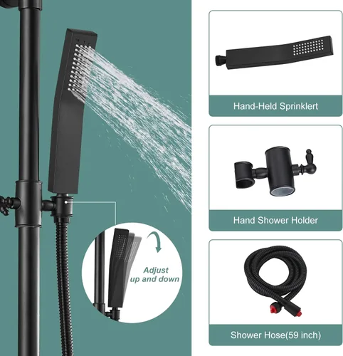 Miniatura 3 de Heyalan Juego de sistema de ducha de lluvia negro mate, sistema de ducha expuesto, 3 funciones, grifo de ducha de baño giratorio de 8 pulgadas