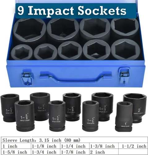 Miniatura 2 de Juego de dados de impacto de 1 pulgada, 9 piezas SAE de impacto, 1 pulgada, 1 pulgada a 2 pulgadas, 6 puntos de impacto con estuche