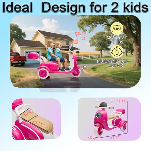 Miniatura 5 de Motocicleta eléctrica de 12V para 2 plazas para niños, batería recargable, motocicleta eléctrica todoterreno con 3 ruedas, baúl de almacenamiento