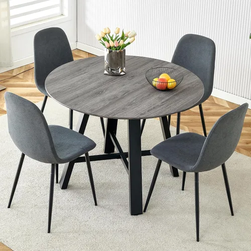 Miniatura 12 de Juego de 4 mesas de comedor redondas de 42 pulgadas para 4, sillas de mesa de cocina modernas, juego de 4 sillas tapizadas de madera con patas