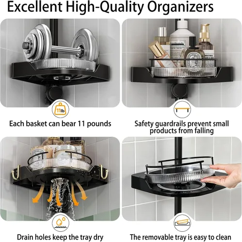 Miniatura 5 de shuang qing Organizador de Ducha de Esquina Giratoria de 360° con Poste de Tensión - Organizador de 4 Niveles Ajustable de Metal Resistente a