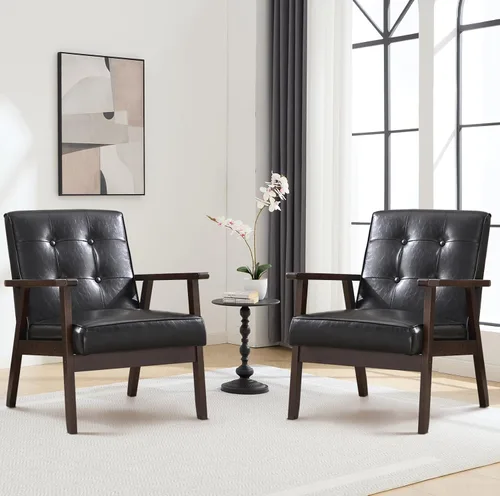Miniatura 14 de Bonzy Home - Sillón de acento de cuero sintético estilo mitades de siglo moderno para sala de estar Silla con estructura de madera sólida y Negro