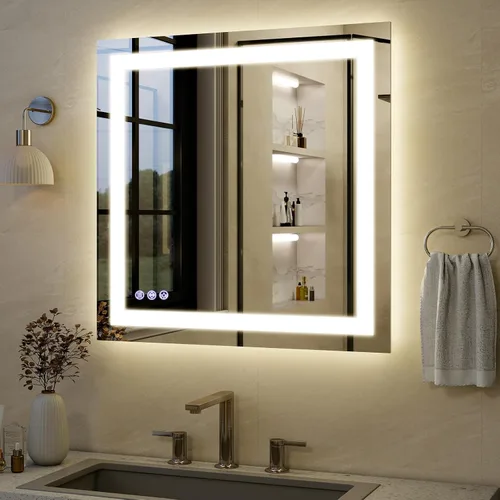 Miniatura 2 de VooBang Espejo de baño con luces de 30 x 30 pulgadas, 3 modos de iluminación ajustables, espejo de tocador de baño LED, antivaho y función