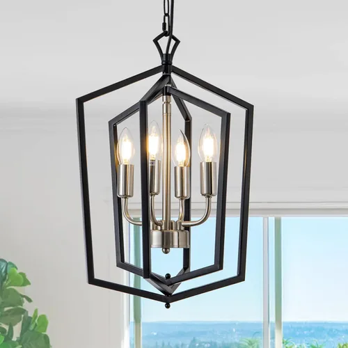 Miniatura 16 de Lanhall Candelabro de Casa de Campo de 4 Luces, Iluminación Colgante Industrial Rústica, Jaula Metálica de Altura Ajustable E26, Luces Colgantes
