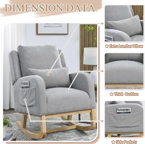 Miniatura 4 de JEEOHEY Mecedora para guardería, mecedora tapizada con respaldo alado, mecedora con respaldo alto cómodo, reposabrazos curvado, almohada lumbar