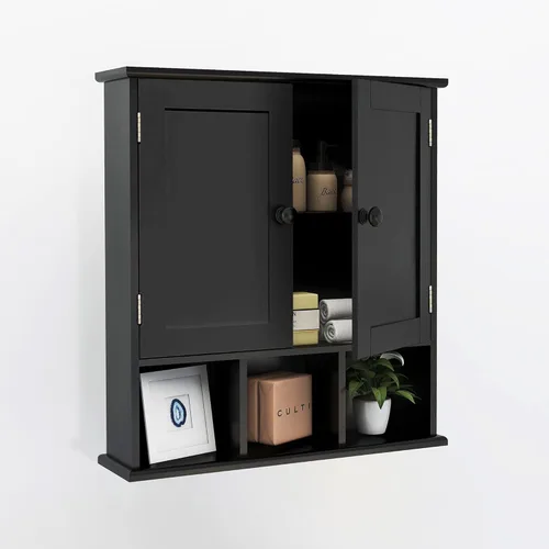 Miniatura 3 de TaoHFE Gabinete de almacenamiento negro para baño sobre el inodoro, organizador de gabinete de medicina de pared con 2 puertas y estantes