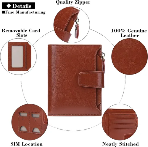 Miniatura 5 de FALAN MULE - Cartera de cuero auténtico para mujer pequeña plegable compacta con interferencia de radiofrecuencia RFID