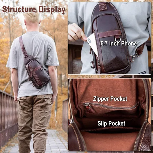 Miniatura 4 de CENUNCO Geniune - Bolso bandolera de cuero para hombres y mujeres, bolso cruzado para el hombro, mochila para el pecho