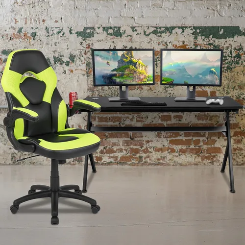 Miniatura 41 de Flash Furniture Juego de escritorio para juegos negro y silla de carreras blanco/negro con soporte para tazas, gancho para auriculares y soporte