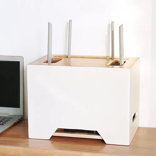 Miniatura 7 de Cable Organizer Box Double-Layer Wooden Router Storage Box Home Office Handmade Cable Tidy Box with Removable Partitions Desktop Tidy Power Strip