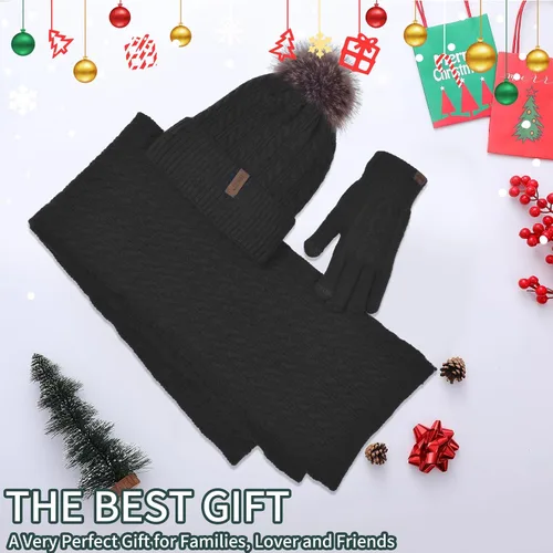 Miniatura 7 de Conjunto de gorro de invierno para mujer, gorro clásico con pompón extraíble, bufanda larga, guantes para pantalla táctil, juego 3 en 1